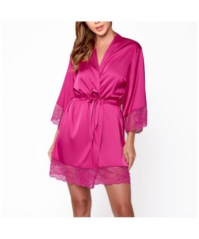 Women's Naomi Silky Satin with Lace Robe Fuchsia $38.67 Lingerie