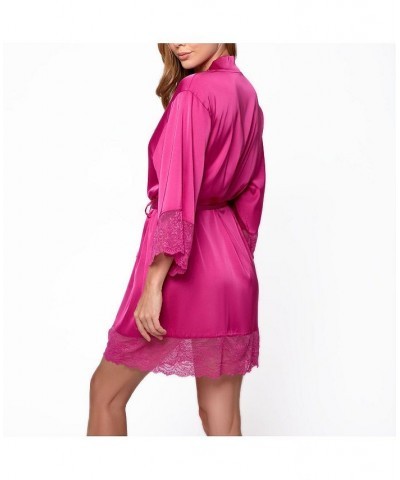 Women's Naomi Silky Satin with Lace Robe Fuchsia $38.67 Lingerie