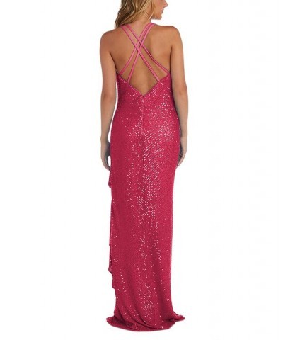 Juniors' V-Neck Ruffle-Front Sequin Gown Pink $60.42 Dresses