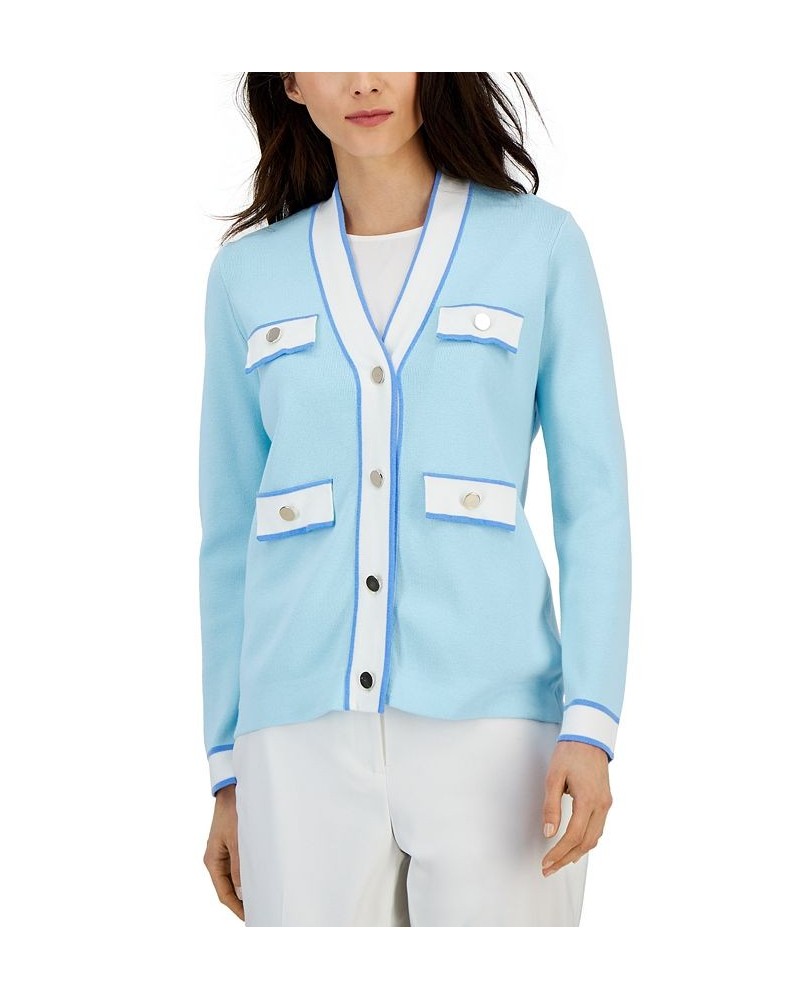 Women's Cardigan With Tipped Pockets Blue $26.24 Sweaters