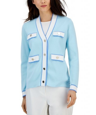 Women's Cardigan With Tipped Pockets Blue $26.24 Sweaters