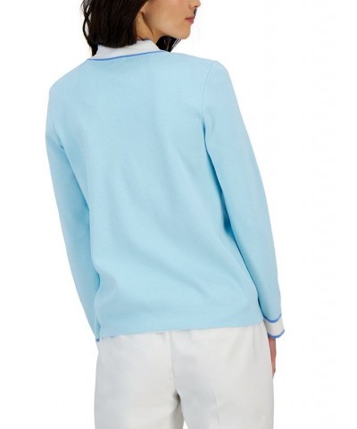 Women's Cardigan With Tipped Pockets Blue $26.24 Sweaters