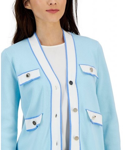 Women's Cardigan With Tipped Pockets Blue $26.24 Sweaters