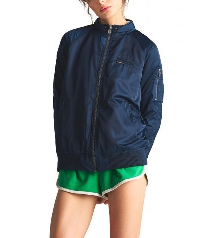 Women's Washed Satin Boyfriend Jacket Blue $41.04 Jackets