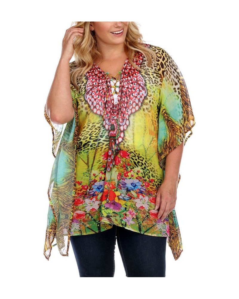 Plus Size Criss-Cross Neckline Animal Print Caftan Top Yellow $24.80 Tops