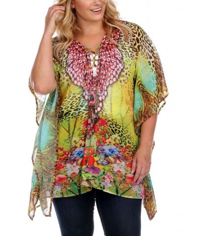 Plus Size Criss-Cross Neckline Animal Print Caftan Top Yellow $24.80 Tops