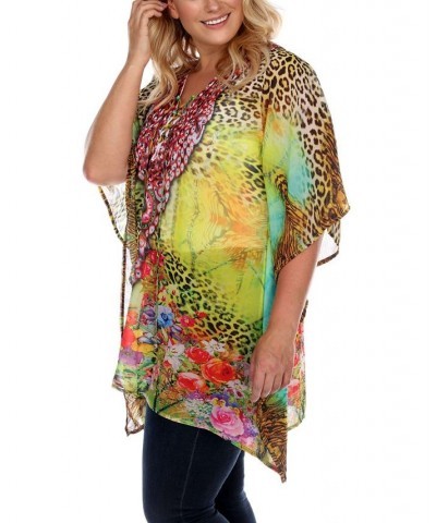 Plus Size Criss-Cross Neckline Animal Print Caftan Top Yellow $24.80 Tops