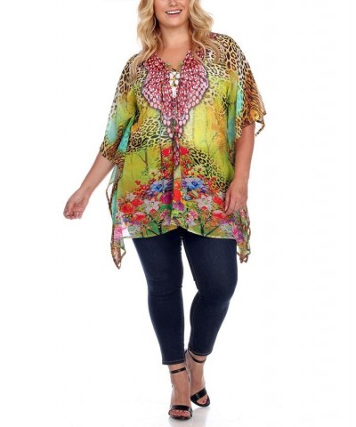 Plus Size Criss-Cross Neckline Animal Print Caftan Top Yellow $24.80 Tops