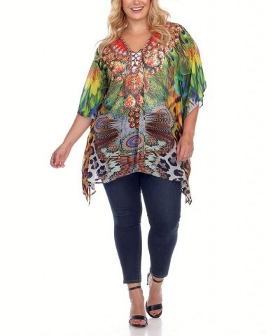 Plus Size Criss-Cross Neckline Animal Print Caftan Top Yellow $24.80 Tops