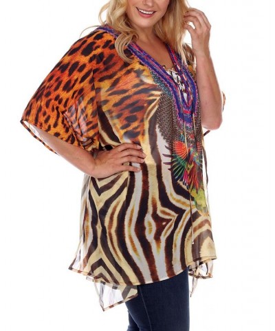 Plus Size Criss-Cross Neckline Animal Print Caftan Top Yellow $24.80 Tops