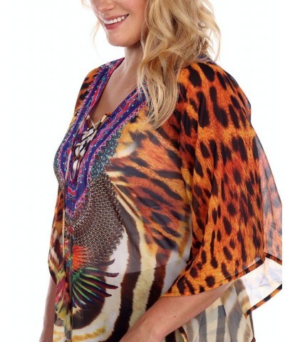 Plus Size Criss-Cross Neckline Animal Print Caftan Top Yellow $24.80 Tops