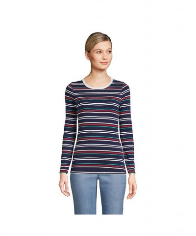 Women's Cotton Rib Long Sleeve Crewneck T-Shirt Blue $19.30 Tops