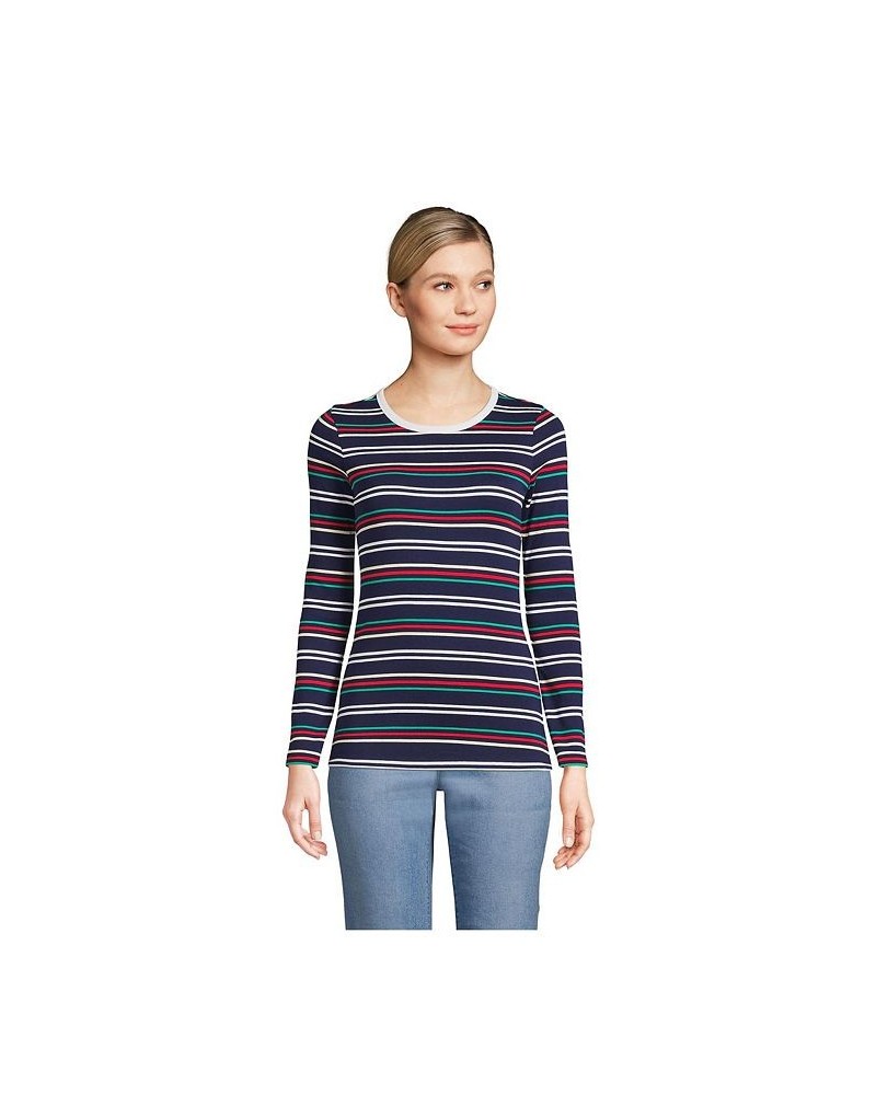 Women's Cotton Rib Long Sleeve Crewneck T-Shirt Blue $19.30 Tops