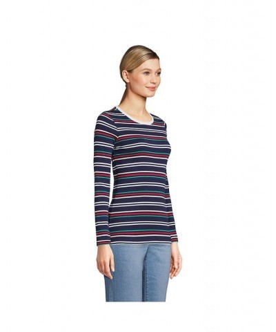 Women's Cotton Rib Long Sleeve Crewneck T-Shirt Blue $19.30 Tops