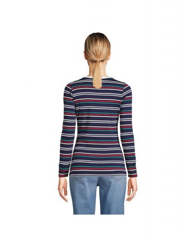 Women's Cotton Rib Long Sleeve Crewneck T-Shirt Blue $19.30 Tops