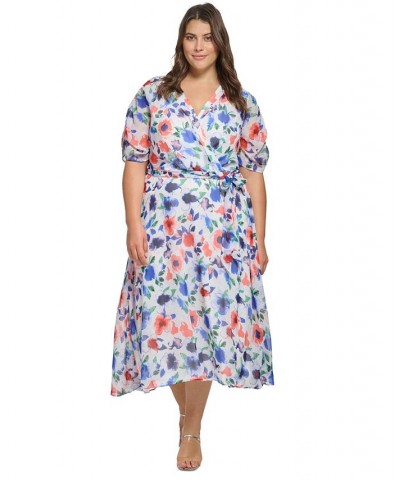 Plus Size V-Neck Ruched-Sleeve Floral Chiffon Dress Cream Multi $41.86 Dresses