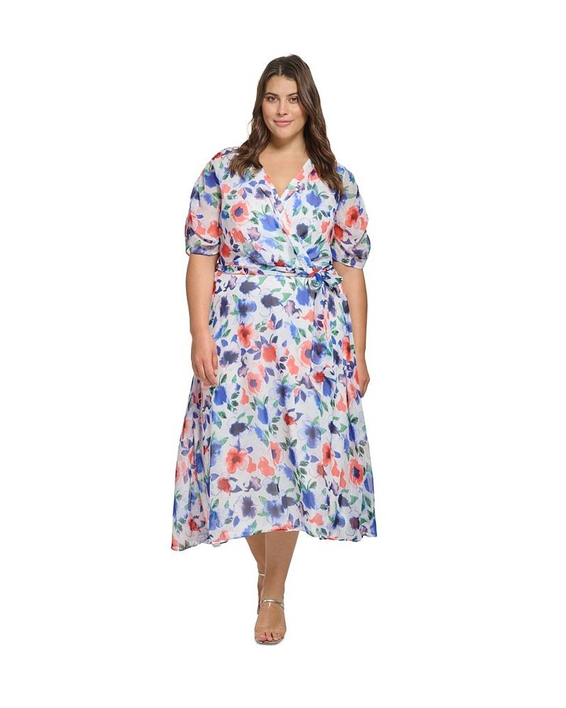 Plus Size V-Neck Ruched-Sleeve Floral Chiffon Dress Cream Multi $41.86 Dresses