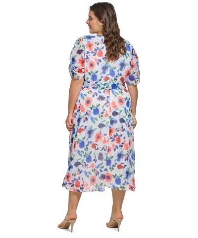 Plus Size V-Neck Ruched-Sleeve Floral Chiffon Dress Cream Multi $41.86 Dresses