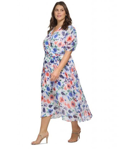 Plus Size V-Neck Ruched-Sleeve Floral Chiffon Dress Cream Multi $41.86 Dresses