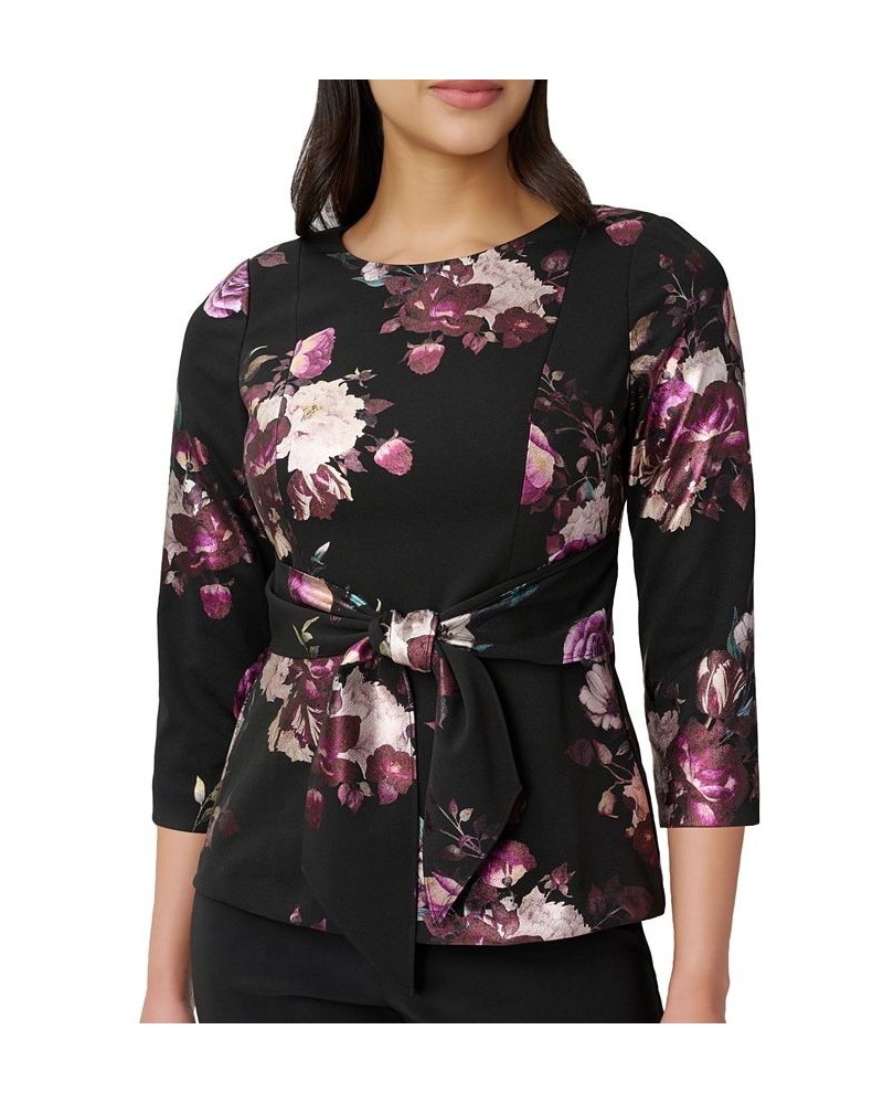 Women's Floral-Print 3/4-Sleeve Top Black Multi $50.66 Tops