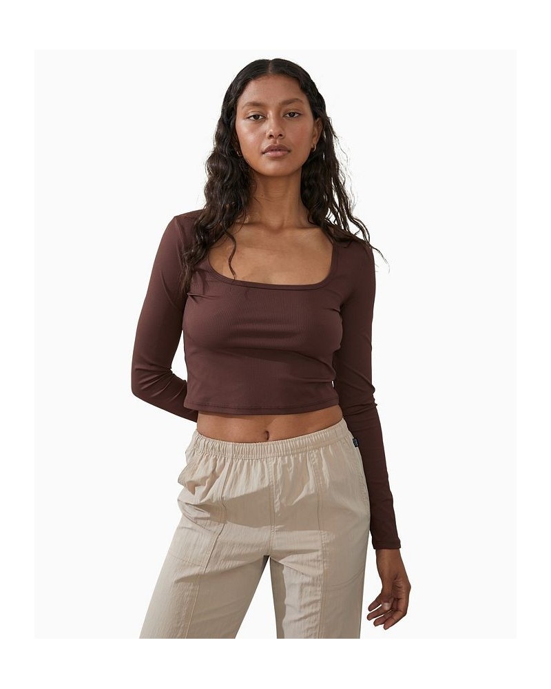 Women's Active Rib Long Sleeve Top Brown $19.60 Tops