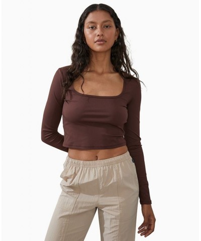 Women's Active Rib Long Sleeve Top Brown $19.60 Tops