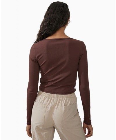 Women's Active Rib Long Sleeve Top Brown $19.60 Tops