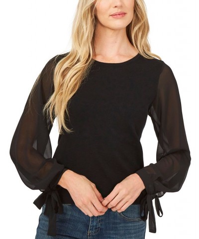 Women's Cotton Chiffon-Sleeve Mixed-Media Sweater Black $26.98 Sweaters