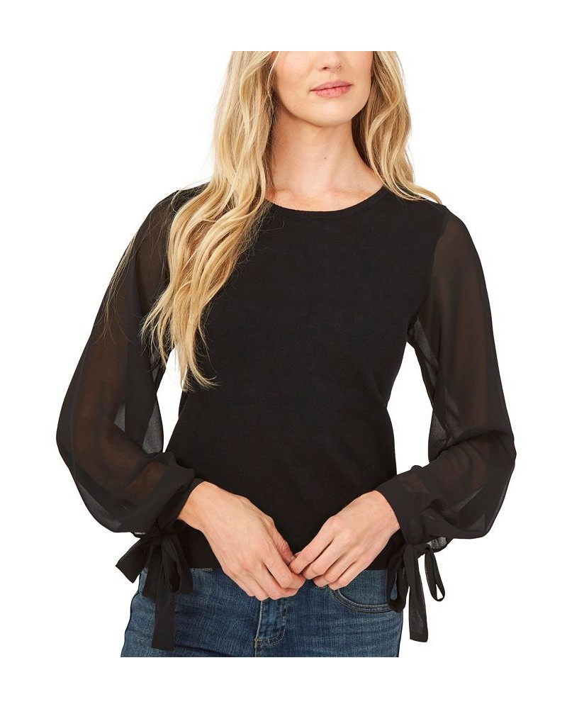 Women's Cotton Chiffon-Sleeve Mixed-Media Sweater Black $26.98 Sweaters