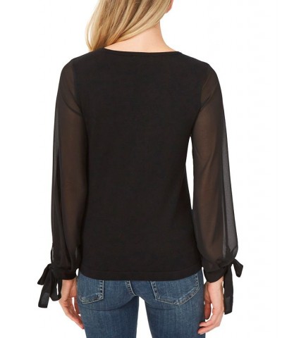 Women's Cotton Chiffon-Sleeve Mixed-Media Sweater Black $26.98 Sweaters