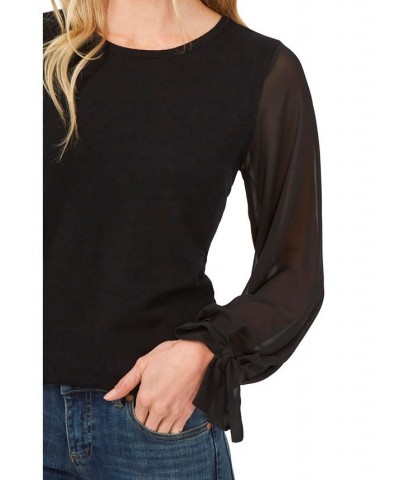 Women's Cotton Chiffon-Sleeve Mixed-Media Sweater Black $26.98 Sweaters