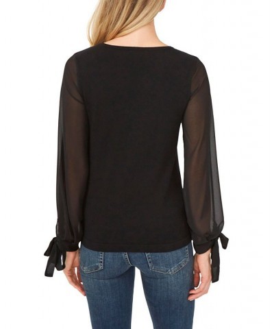 Women's Cotton Chiffon-Sleeve Mixed-Media Sweater Black $26.98 Sweaters