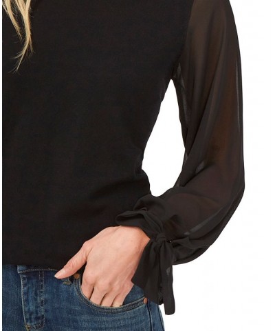 Women's Cotton Chiffon-Sleeve Mixed-Media Sweater Black $26.98 Sweaters