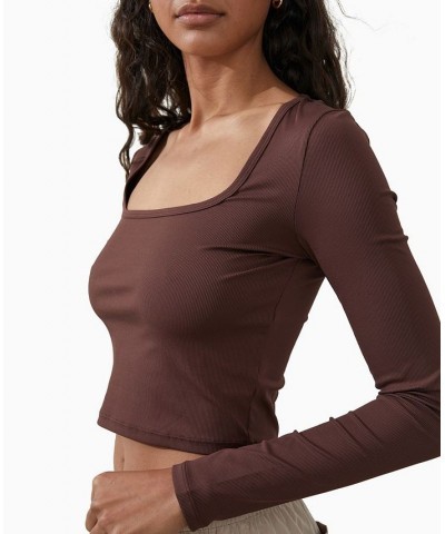 Women's Active Rib Long Sleeve Top Brown $19.60 Tops