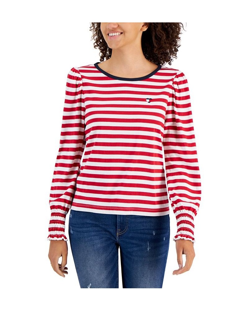 Women's Striped Smocked-Cuff Top Chili Pepper/bright White $23.22 Tops