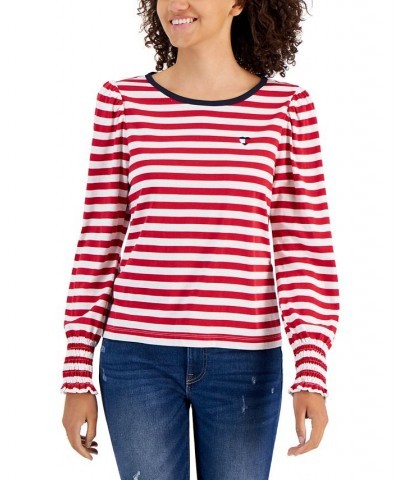 Women's Striped Smocked-Cuff Top Chili Pepper/bright White $23.22 Tops