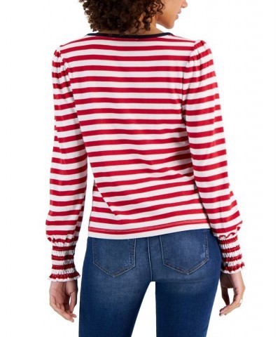 Women's Striped Smocked-Cuff Top Chili Pepper/bright White $23.22 Tops