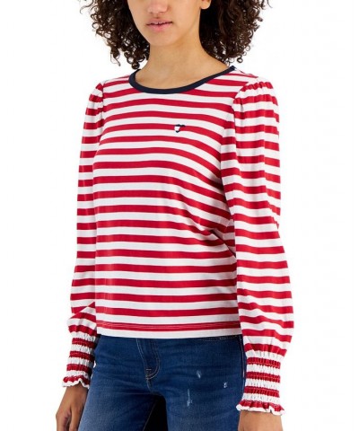 Women's Striped Smocked-Cuff Top Chili Pepper/bright White $23.22 Tops