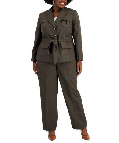 Plus Size Belted Jacket Pantsuit Brown $78.00 Pants