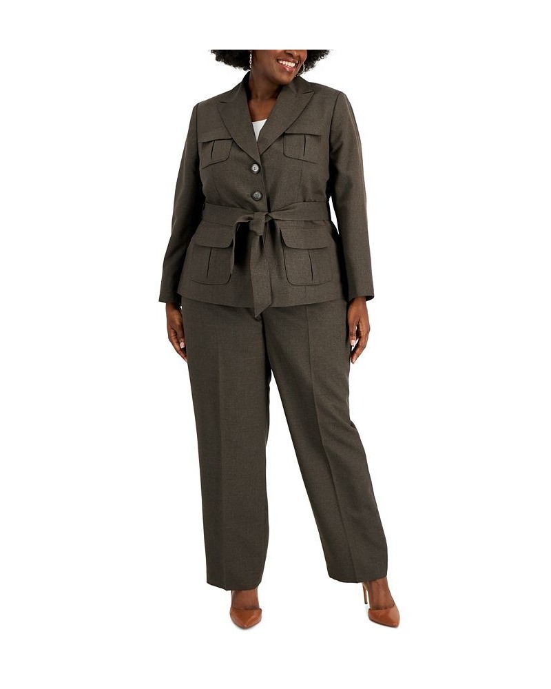 Plus Size Belted Jacket Pantsuit Brown $78.00 Pants