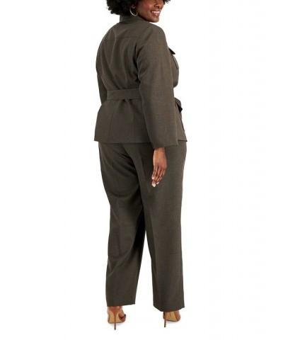 Plus Size Belted Jacket Pantsuit Brown $78.00 Pants