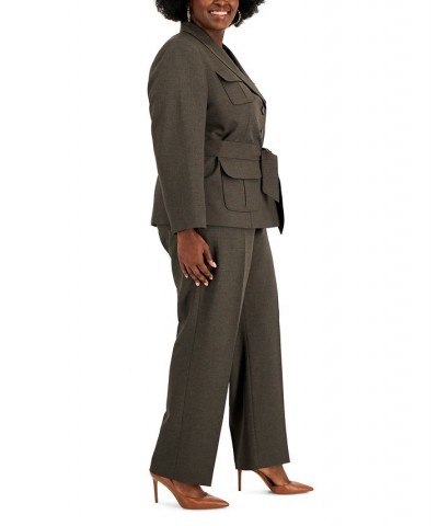 Plus Size Belted Jacket Pantsuit Brown $78.00 Pants