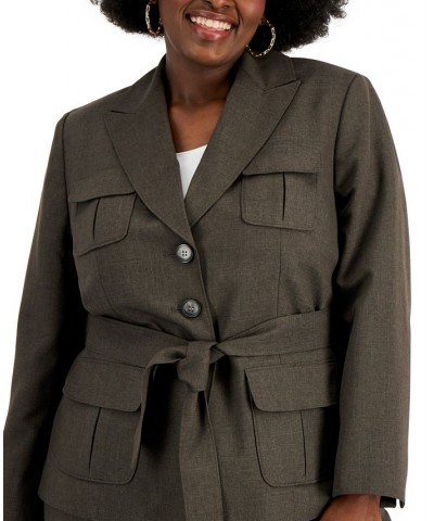 Plus Size Belted Jacket Pantsuit Brown $78.00 Pants