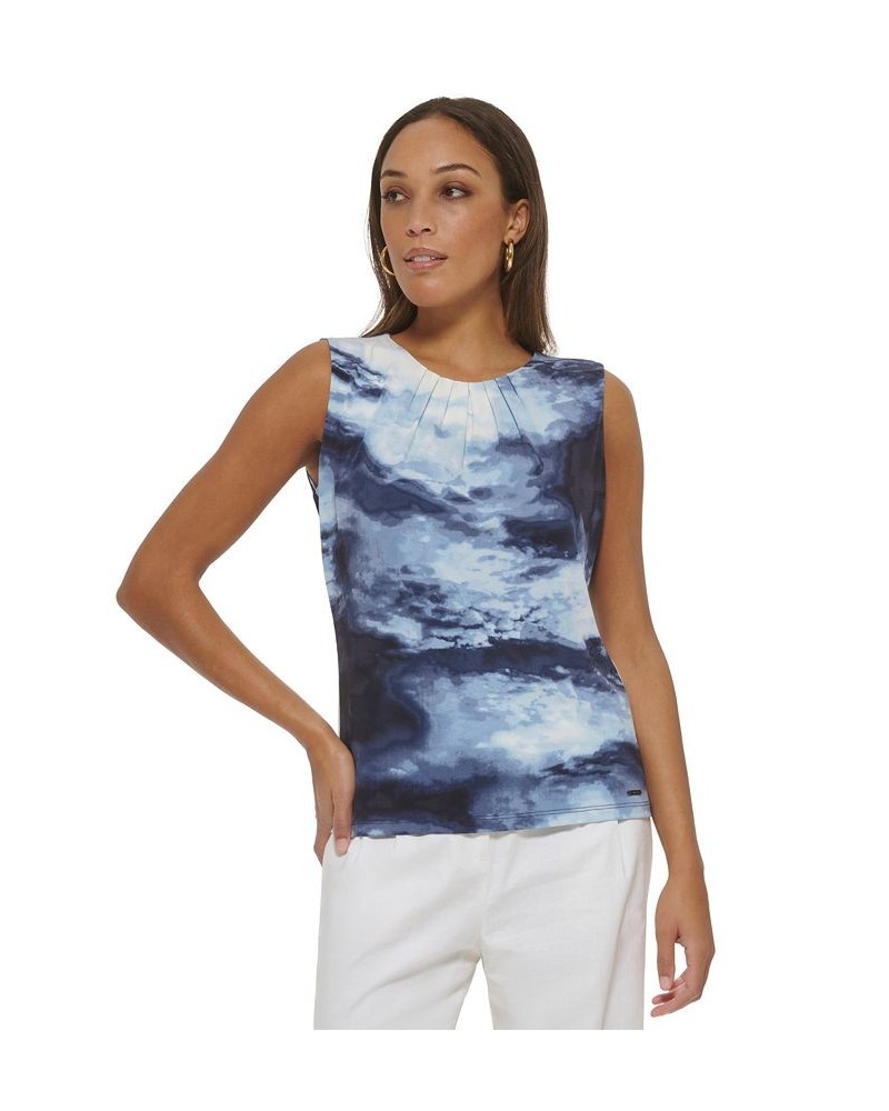 Women's Cloud Print Sleeveless Pleat Neck Top Oceana Multi $16.66 Tops