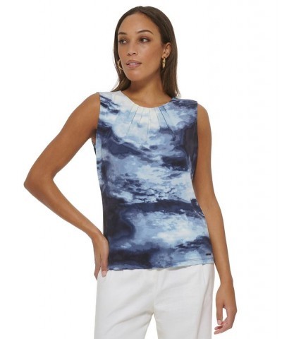 Women's Cloud Print Sleeveless Pleat Neck Top Oceana Multi $16.66 Tops