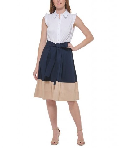 Women's Cotton Colorblocked Belted Dress Sky Captain Multi $61.09 Dresses