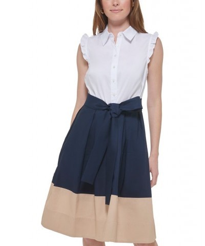 Women's Cotton Colorblocked Belted Dress Sky Captain Multi $61.09 Dresses