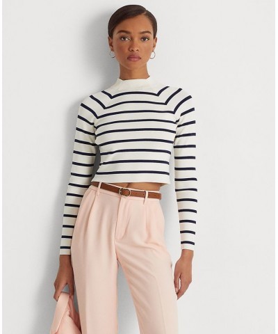 Women's Striped Cropped Mock Neck Sweater Mascarpone Cream/french Navy $60.45 Sweaters