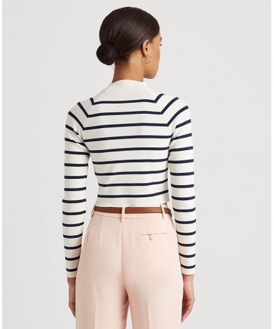 Women's Striped Cropped Mock Neck Sweater Mascarpone Cream/french Navy $60.45 Sweaters