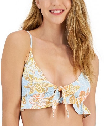 Juniors' Island In The Sun Printed Ruffled Bikini Top Cool Blue Island Time $31.68 Swimsuits